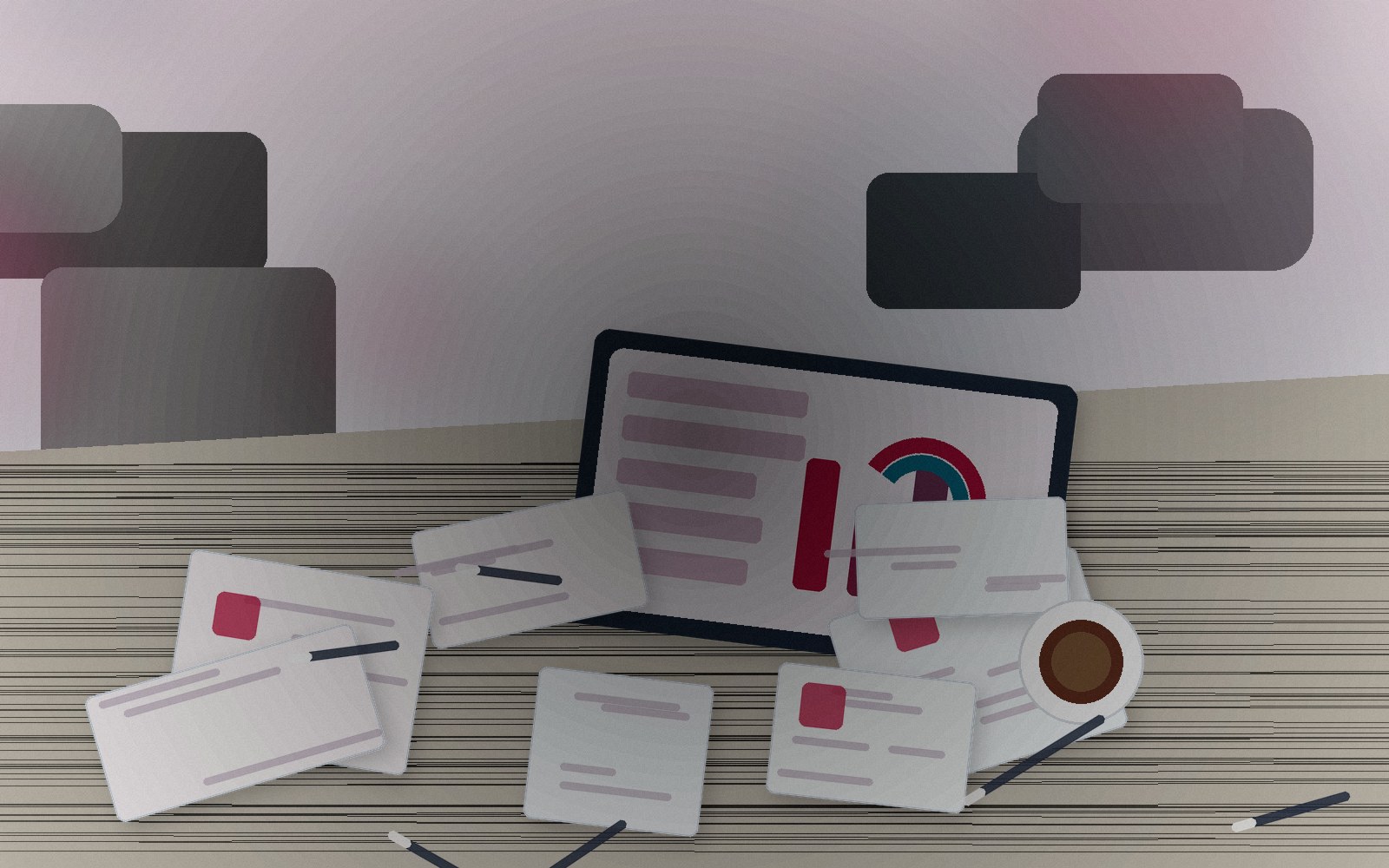 Vue de bureau avec documents, ordinateur et processus administratif